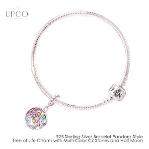925 Sterling Silver Bracelet Pandora-Style Tree of Life Charm with Multi-Color CZ Stones and Half Moon