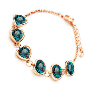 Heart Framed Chain Bracelet 18K Yellow Gold Coated with 6 Round Cut Crystals - Emerald Green