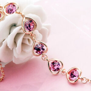 Heart Framed Chain Bracelet 18K Yellow Gold Coated with 6 Round Cut Crystals - Sapphire Rose