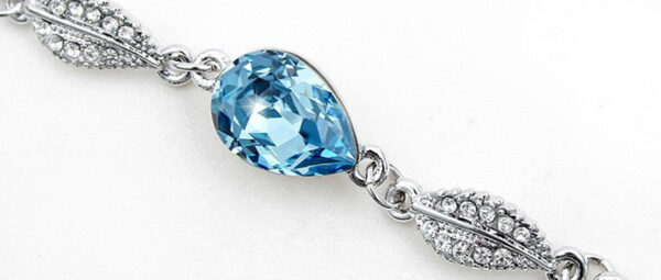 Water Drop-Shaped Ladies Bracelet 925 Sterling Silver Coated with Central Crystal and 4 Leaves Design - Turquoise Blue