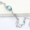 Water Drop-Shaped Ladies Bracelet 925 Sterling Silver Coated with Central Crystal and 4 Leaves Design - Turquoise Blue