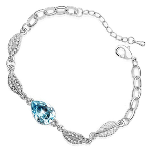 Water Drop-Shaped Ladies Bracelet 925 Sterling Silver Coated with Central Crystal and 4 Leaves Design