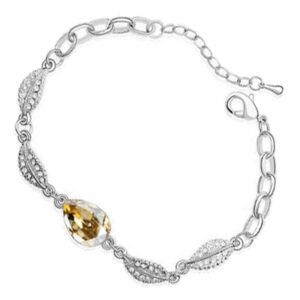 Water Drop-Shaped Ladies Bracelet 925 Sterling Silver Coated with Central Crystal and 4 Leaves Design - Peridot Green