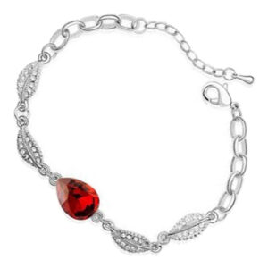 Water Drop-Shaped Ladies Bracelet 925 Sterling Silver Coated with Central Crystal and 4 Leaves Design - Ruby Red