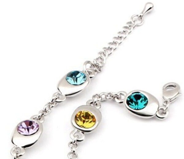 Ring Chain Charm Bracelet 925 Sterling Silver Coated with 7 AAA Crystals - Multi Coloured