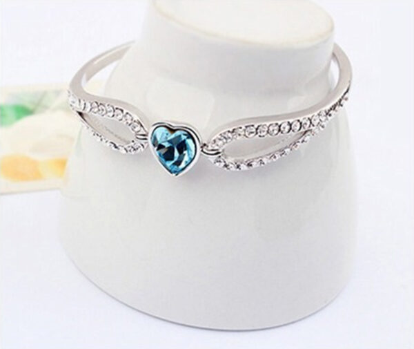Heart Crystal Cuff Bracelet 925 Sterling Silver Coated with Crystal Hold and White Sparkling Stone-Embellished Love Bands - Aquamarine Sea Blue