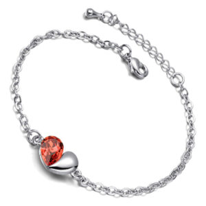 Heart and Teardrop Crystal Links Bracelet 925 Sterling Silver Coated - Topaz Orange Red