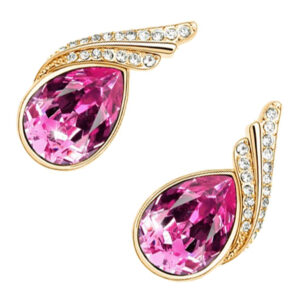 Sparkling Water Drop Earrings 18K Yellow Gold Coated with Crystal and Diamond Clear Stone-Embellished Bands - Sapphire Pink