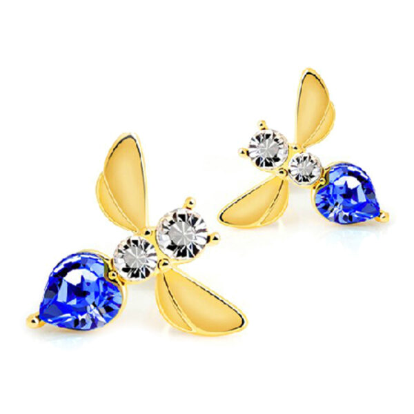 Flying Bee Earrings 18K Yellow Gold Coated Adorned with Clear Stones and Crystal - Sapphire Blue