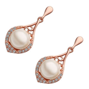Water Drop Earrings 18K Rose Gold Coated White Pearl with Diamond Clear Crystal Embellishments
