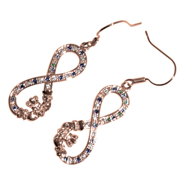 18K Rose Gold Coated Infinity Band Earrings with Claddagh Design & Cubic Zirconia Crystals - Sapphire Blue