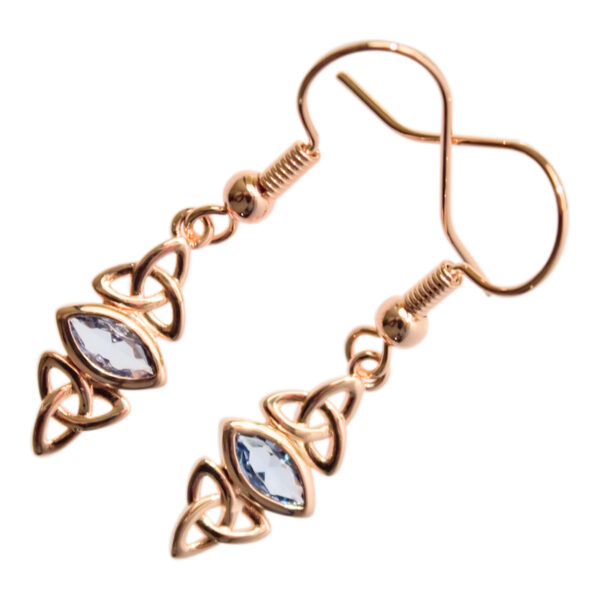 Double Celtic Trinity Knot Earrings 18K Rose Gold Coated Embracing Navette Cut Stone - Aquamarine Blue