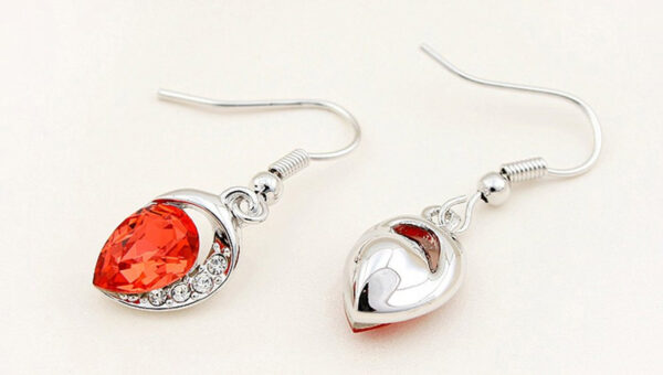 Sparkling Water Drop Shaped Crystal Earrings 18K White Gold Coated Adorned with Stones - Garnet Orange Red