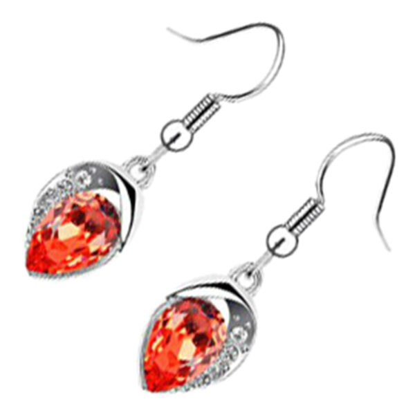 Sparkling Water Drop Shaped Crystal Earrings 18K White Gold Coated Adorned with Stones - Garnet Orange Red