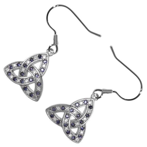 Earrings 18K White Gold Coated Celtic Trinity Knot with Cubic Zirconia Stones - Sapphire Blue