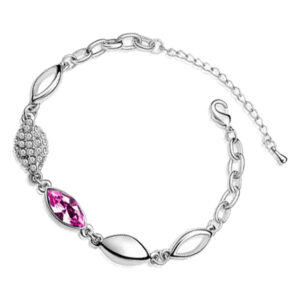 Sterling Silver Coated Bracelet with Oval Main Stone and 4 Leaf Shaped Chains - Pink