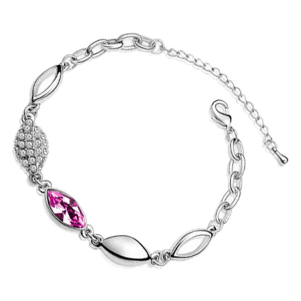 Sterling Silver Coated Bracelet with Oval Main Stone and 4 Leaf Shaped Chains - Pink