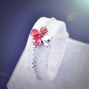 Sterling Silver Coated Bracelet with 4 Heart Shaped Clover Leaves and Stones - Orange Red