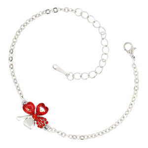 Sterling Silver Coated Bracelet with 4 Heart Shaped Clover Leaves and Stones - Orange Red