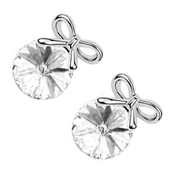 18K White Gold Coated Stud Earrings Round Stone with Bowknot