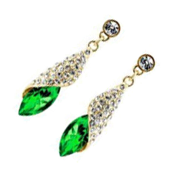 18K Yellow Gold Coated Earrings Oval Main Stone with Leaf and Crystals