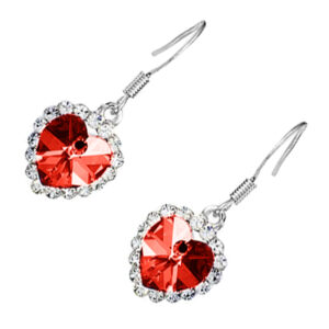 Sterling Silver Coated Earrings Heart-Shaped Stone Surrounded by Crystals - Ruby Red