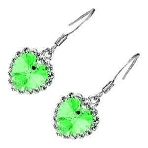 Sterling Silver Coated Earrings Heart-Shaped Stone Surrounded by Crystals - Green