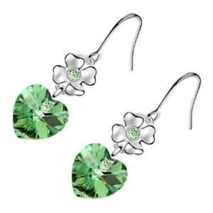 Sterling Silver Coated Drop Earrings Heart Shaped Stone with Crystal Flower - Green