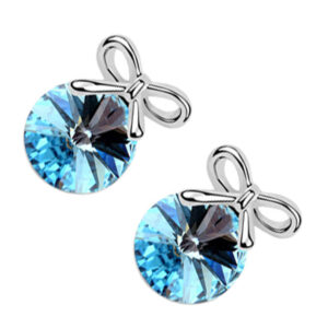 18K White Gold Coated Stud Earrings Round Stone with Bowknot - Blue