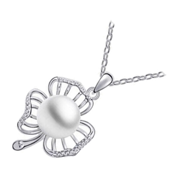 Precious Metal Coated Three Leaf Clover Pendant Necklace Brilliant White Faux Freshwater Pearl - Sterling Silver