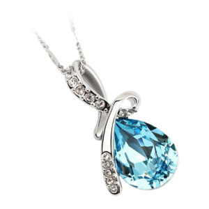 Sterling Silver Coated Drop Shaped Stone Necklace with Bow Covered by Crystals