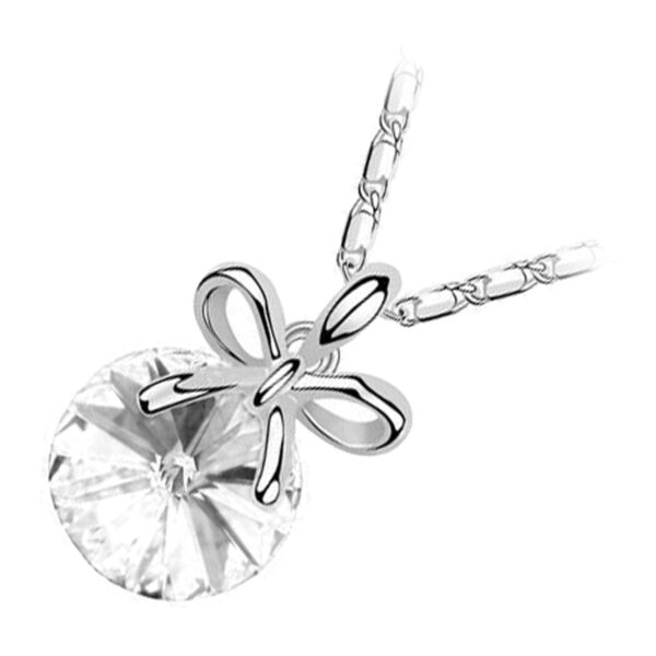 18K White Gold Coated Pendant Necklace with Round Stone and Bowknot Above It