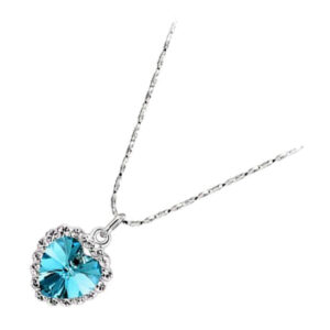 Sterling Silver Coated Pendant Necklace with Crystals Stone in Heart Shape - Aquamarine Blue