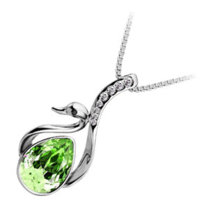 18K White Gold Coated Swan Pendant Necklace with Teardrop - Green