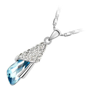18K White Gold Coated Pendant Necklace Angel Teardrop with White Sparkling Studs - Blue
