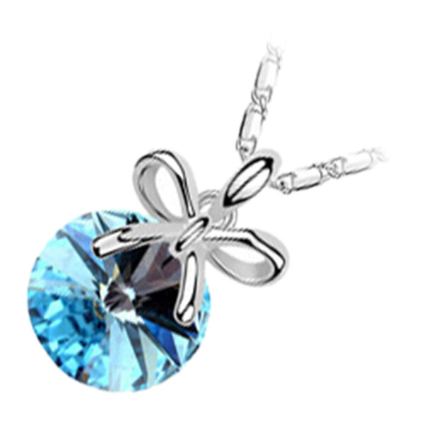 18K White Gold Coated Pendant Necklace with Round Stone and Bowknot Above It - Blue
