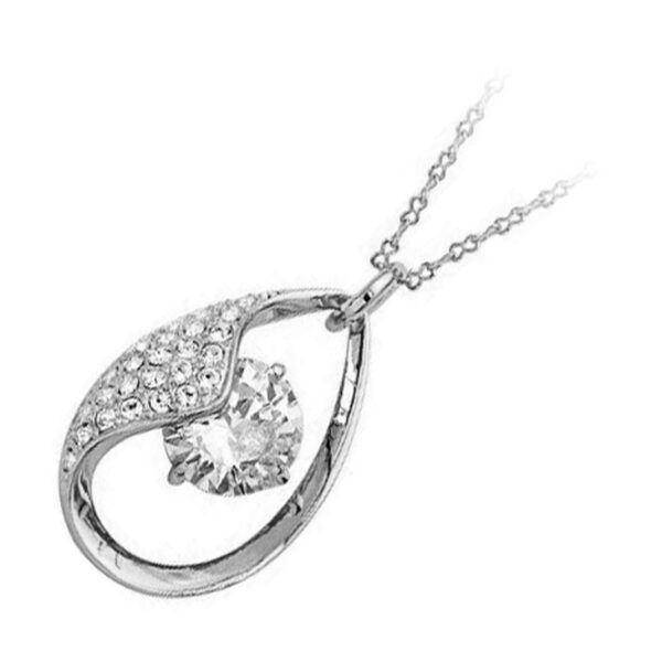 Sterling Silver Coated Teardrop Pendant Necklace 4 Prong Set Round CZ Diamond with Crystal Elements
