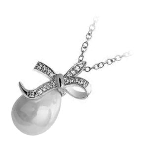Precious Metal Coated Bowknot Necklace with White Faux Freshwater Pearl - Sterling Silver