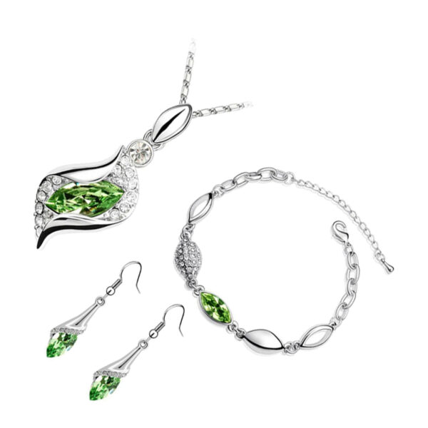 Sterling Silver Coated Bracelet Earrings and Pendant Necklace Set Green Oval Stone Covered by Leaf with Crystals
