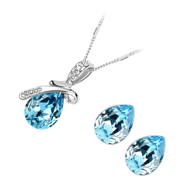 Sterling Silver Coated Earrings and Pendant Necklace Set Drop Stone with Crystal-Adorned Bow