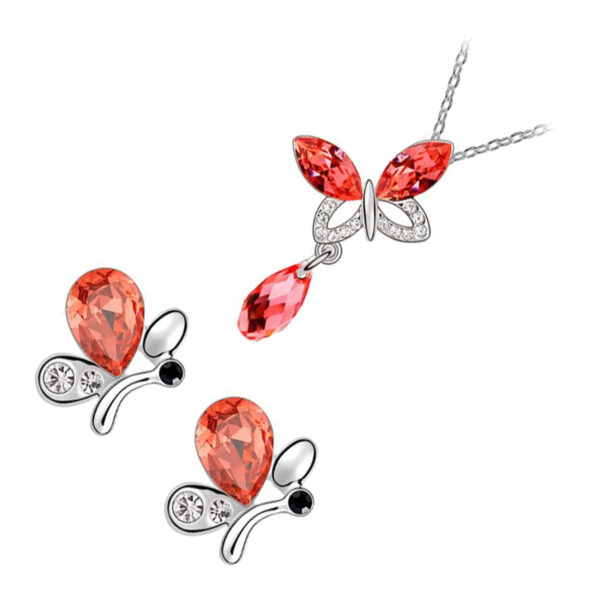 Sterling Silver Coated Set Earrings and Pendant Necklace with Butterfly Shaped Stone Wings and Orange Red Drop Shaped Stone