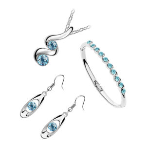 Sterling Silver Coated Bracelet Earrings and Pendant Necklace Set Spiral with 2 Round Sea Blue Stones Inline