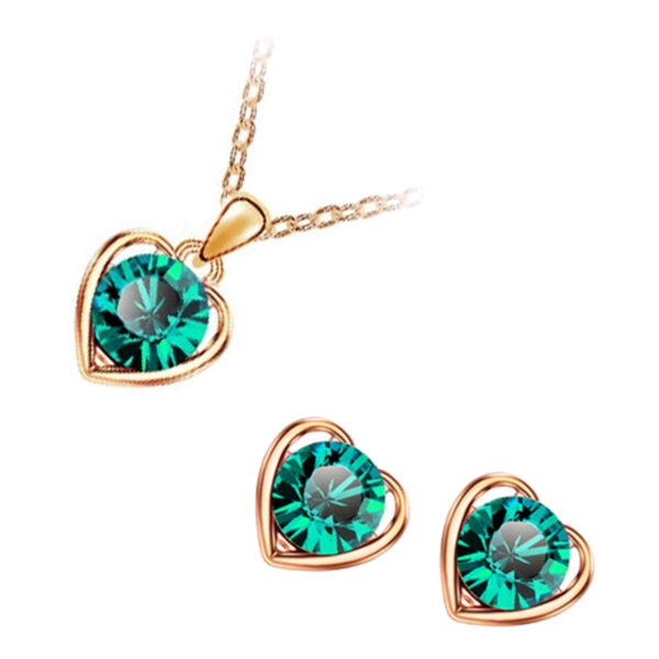 18K Yellow Gold Coated Earrings and Pendant Necklace Set Round Peacock Stones in Heart