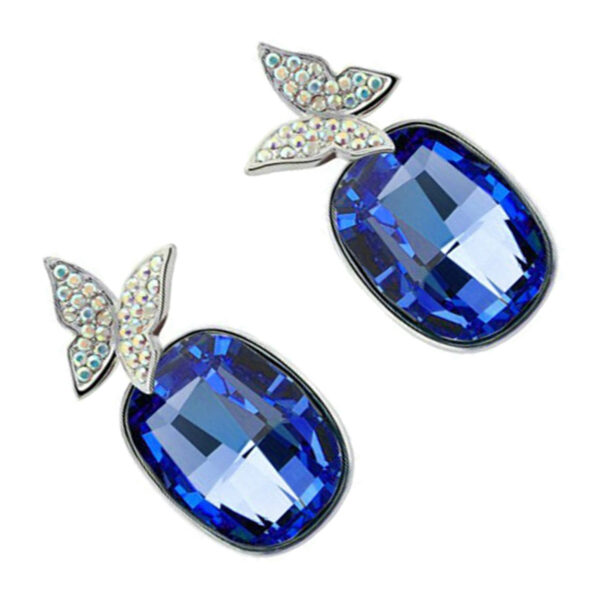 Earrings 925 Sterling Silver Coated with Main Oval Crystal and Flying Butterfly - Sapphire Blue