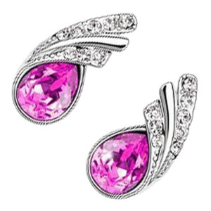 Water Drop Shaped Earrings 925 Sterling Silver Coated Inlay Main Crystal with Diamond Clear Stone Adorned 2 Bands - Amethyst Rose