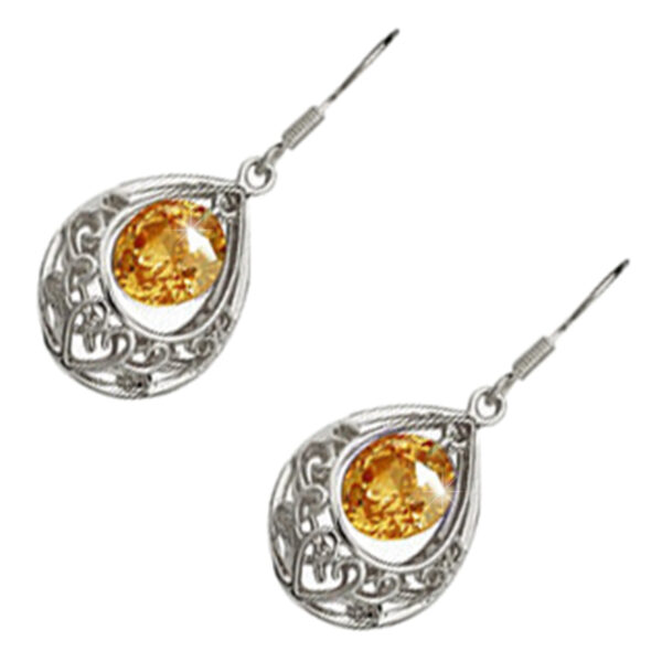 Vintage Filigree Drop Earrings 925 Sterling Silver Coated Round Zircon Stone Within Teardrop - Peridot Green