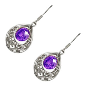Vintage Filigree Drop Earrings 925 Sterling Silver Coated Round Zircon Stone Within Teardrop - Tanzanite Purple