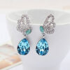 Dangle Earrings 925 Sterling Silver Coated Teardrop with Sparkling Crystal and Butterfly Adorned with White Stones - Aquamarine Sea Blue