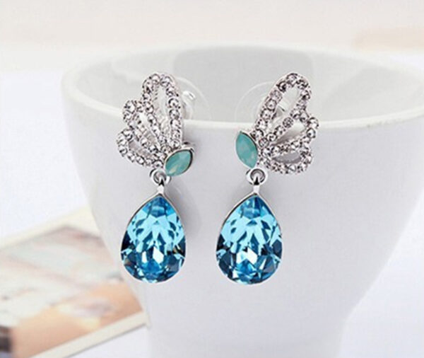 Dangle Earrings 925 Sterling Silver Coated Teardrop with Sparkling Crystal and Butterfly Adorned with White Stones - Aquamarine Sea Blue