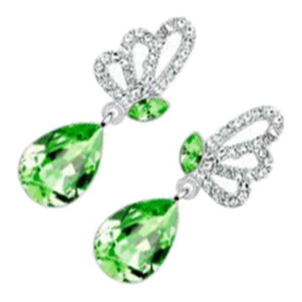 Dangle Earrings 925 Sterling Silver Coated Teardrop with Sparkling Crystal and Butterfly Adorned with White Stones - Emerald Green